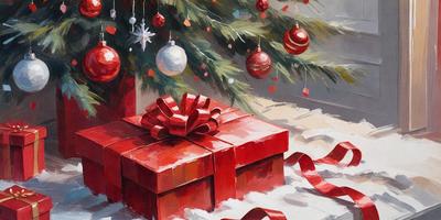The primary subject of the image is a red box with a bow on top, placed under a Christmas tree. The setting is a festive environment, likely indoors, with the tree as the main backdrop. The visual style appears to be a painting or drawing, as the colors and mood are vibrant and celebratory.